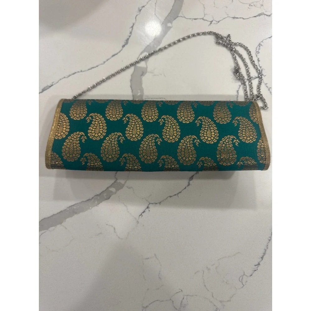 Teal Green Gold Paisley Brocade Clutch Evening Bag Rhinestone Flower Crystal